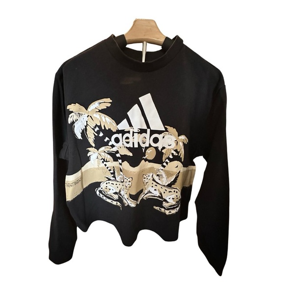 Adidas x Farm Rio Cheetah Graphic Cropped Crewneck Sweatshirt XL Black Tan - Picture 2 of 4